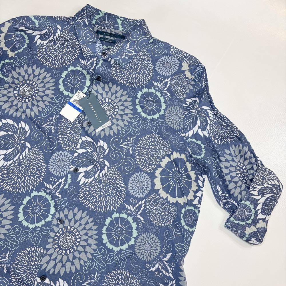 Perry Ellis 100% Linen Shirt XLT Blue Floral Untucked Button Front NWT Tall